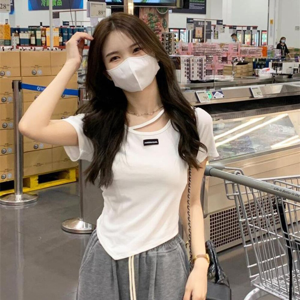 (M, white) Summer Irregular Short Sleeved T-shirt Base Top For Women