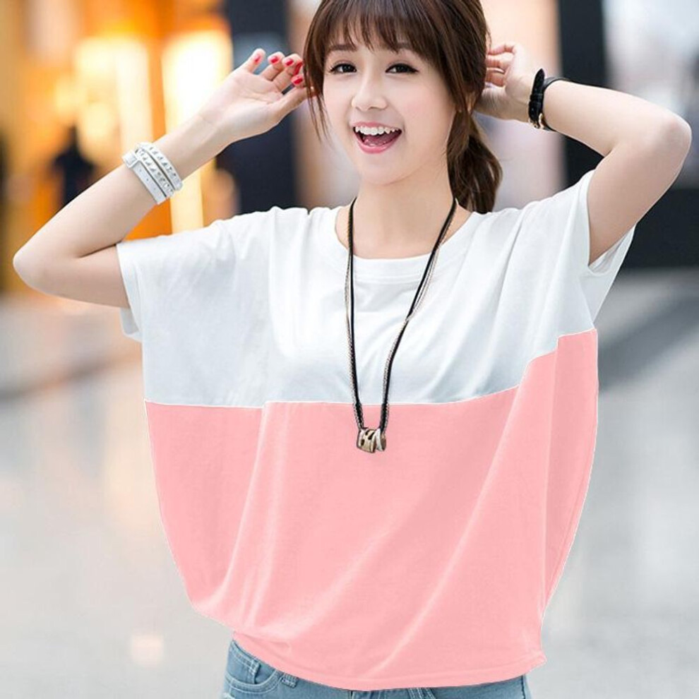 (M, white,pink) Summer Loose Bat Shirt Women's Short Sleeved T-shirt M-xxxl