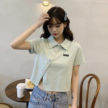 (XXL, light green) Summer Short Sleeved Women's Slim Fit High Waisted Lapel Short Top