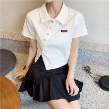 (XXL, white) Summer Short Sleeved Women's Slim Fit High Waisted Lapel Short Top