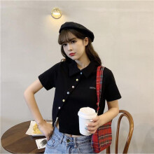 (M, black) Summer Short Sleeved Women's Slim Fit High Waisted Lapel Short Top