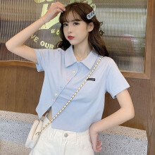 (M, light blue) Summer Short Sleeved Women's Slim Fit High Waisted Lapel Short Top