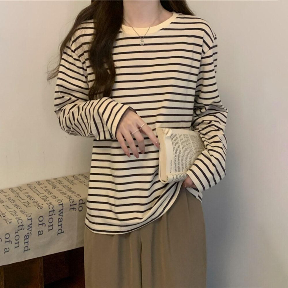 (M, black) Round Neck Autumn Loose Striped Base Shirt With Inner Top For Women