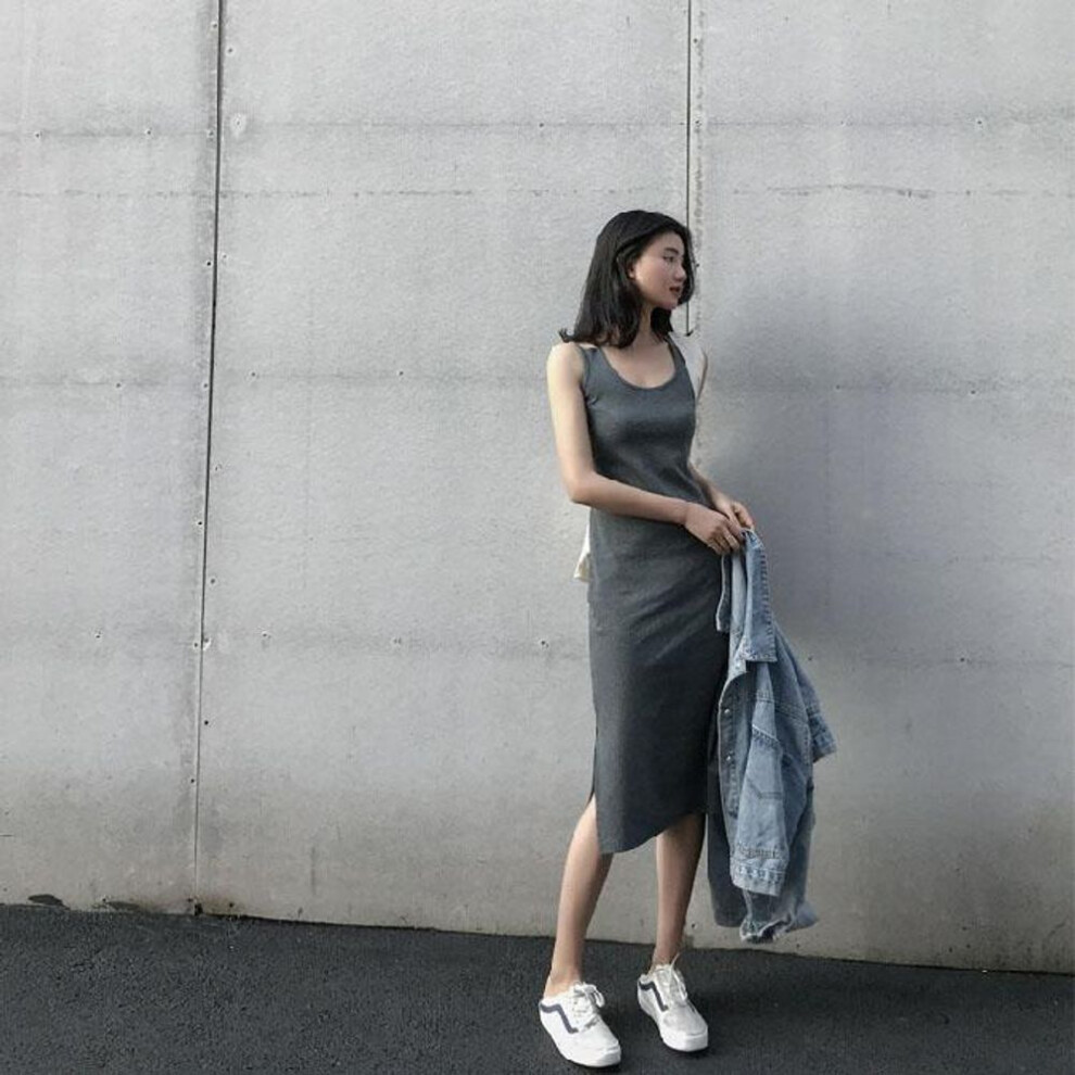 (grey, XL) Summer Mid Length Camisole Dress With Split Bottom For Women