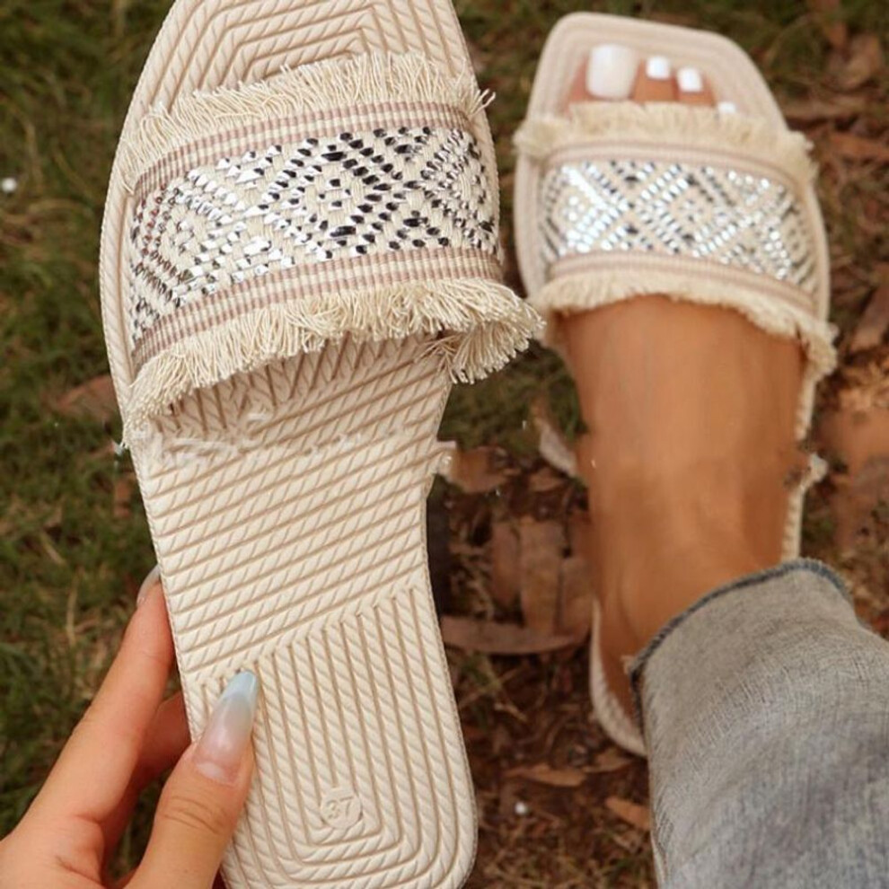 (silver, 40) Flat Bottomed Tassel Slippers For Women