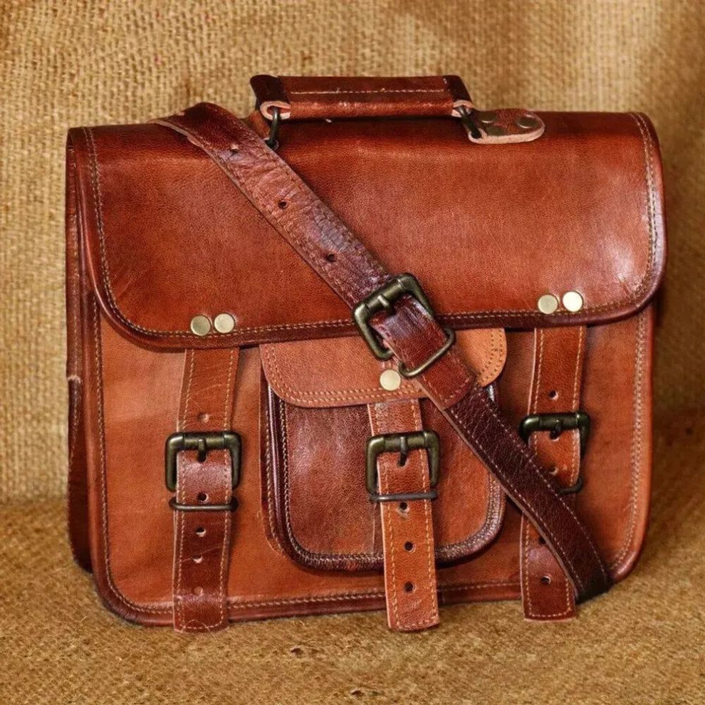 (brown, 11 x 9 x 3 in) Men's Genuine Handmade Leather Vintage Laptop Messenger Briefcase Satchel Bag