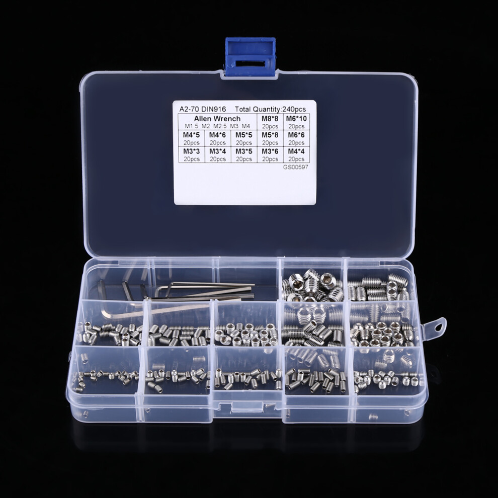 240Pcs M3/M4/M5/M6/M8 Hex Socket Set Screws Assortment Kit With Hex Keys 3021324438321