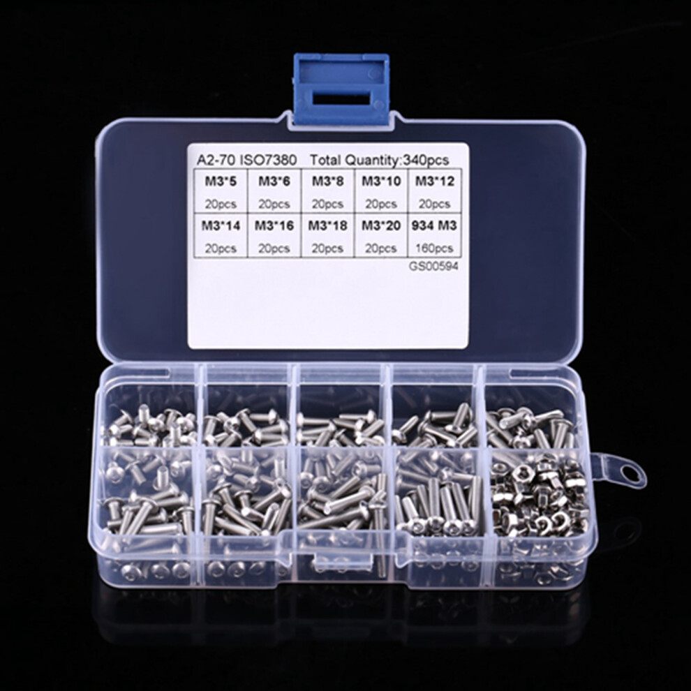 340Pcs M3 Stainless Steel Ss304 Button Head Hex Socket Screw Bolt Nut Assortment Kit 4341324438336