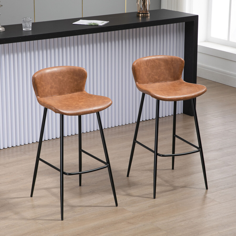 Rackhams Brown Bar Stools Set Of 2, Pu Leather Upholstered Bar Chairs, Breakfast Kitchen Counter Chairs With Backs, Steel Legs And Footrests For Dining Room, - Image 7