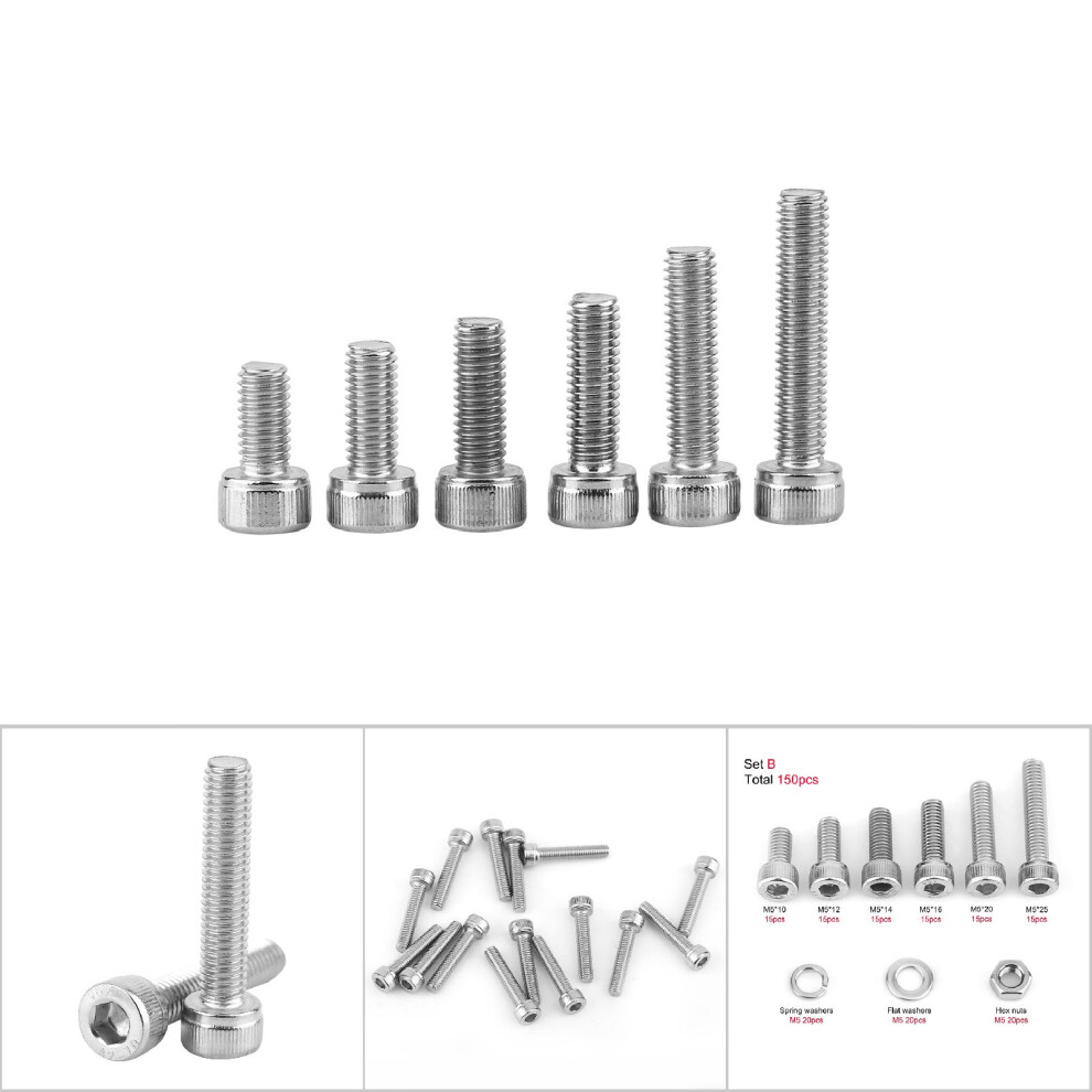 Ss304 Steel Hex Socket Cap Head Screws With Hex Nut Washers Assortment (M5x150pcs) 8751324446471