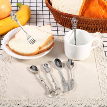 6Pcs/Set Vintage Royal Style Metal Mini Coffee Spoons and Fork Kitchen Fruit Accessories Silver