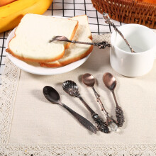 6Pcs/Set Vintage Metal Mini Coffee Spoons and Fork Kitchen Tableware Accessories Red Brass