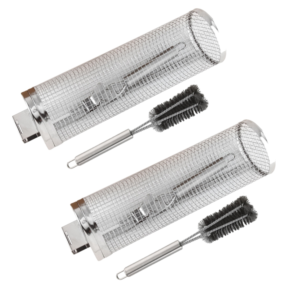 Barbecue Cage with Handle Stainless Steel Rolling Grill Net Smoked Round Basket-image-OPC-PHWN969-NEW