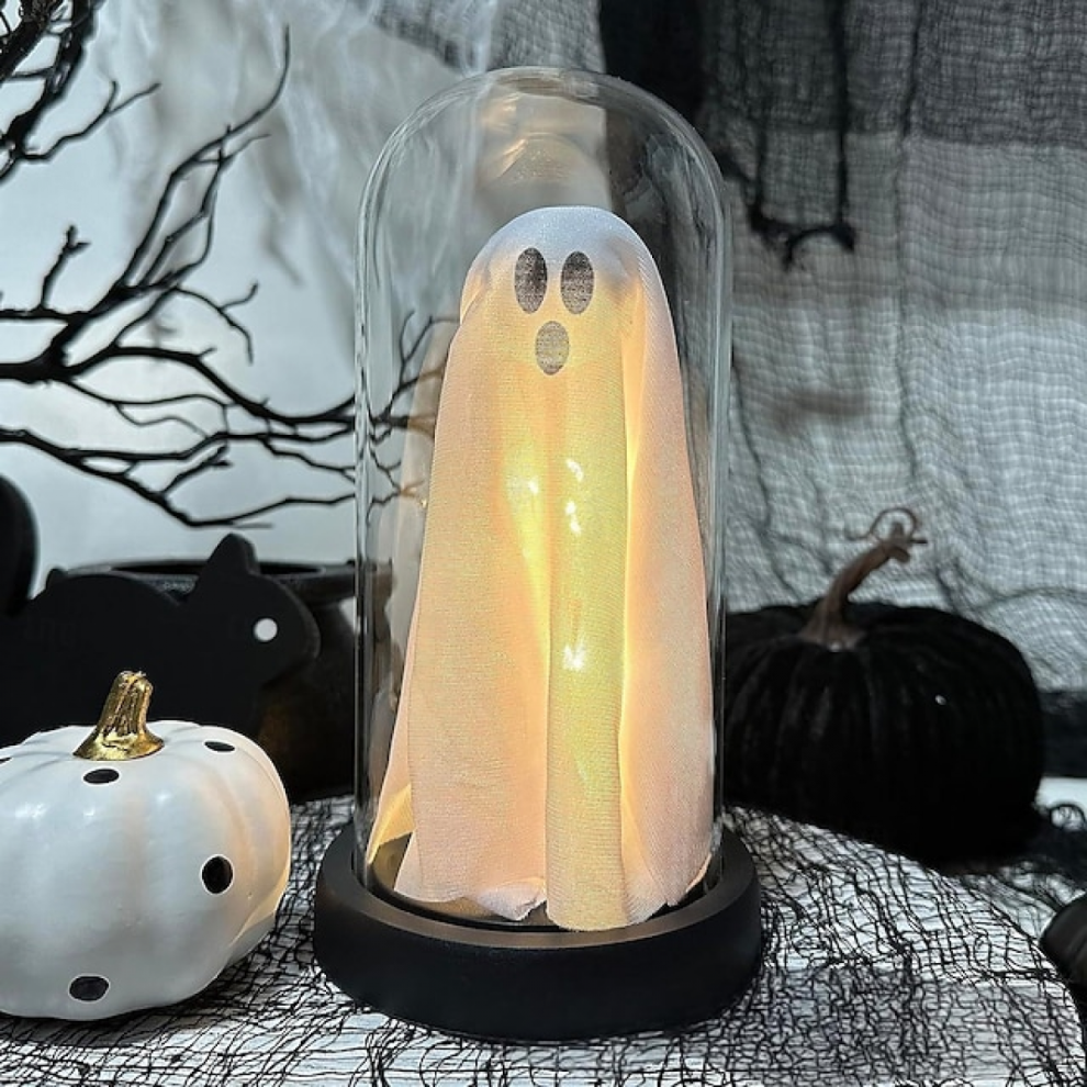 Fantôme illuminé d'Halloween dans une cloche en verre, mignon fantôme avec lumière pour la maison, la cuisine, la cheminée, la table, la déco