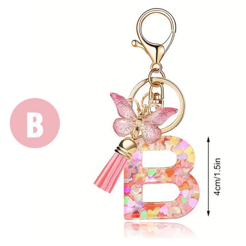 Chaveiro com letra rosa da moda tipo A e pingente epóxi de cristal borboleta 2