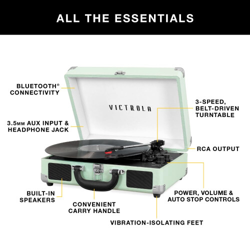 Victrola Victrola Vintage 3-Speed Bluetooth Φορητός Πικ-Απ Με Ηχεία | Αναβαθμισμένος Ήχος| Aqua Turquoise, Μοντέλο 1