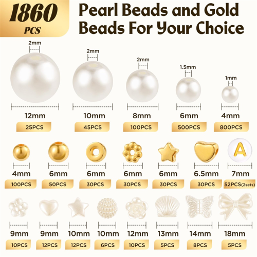 1860pcs Beads Bracelet Making Kit, 5 Sizes Round White Pearl Beads 2