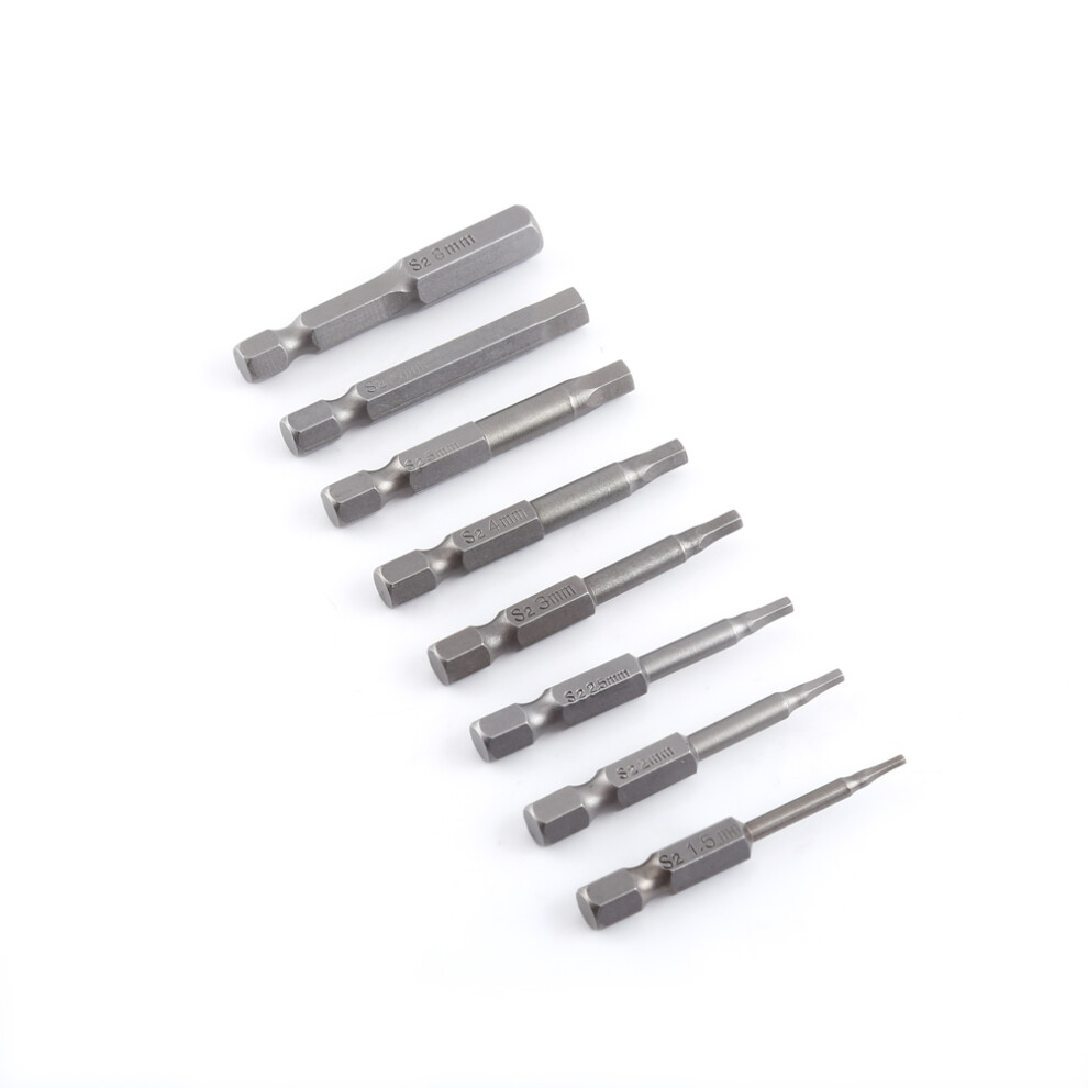 8pcs 50mm 1/4 Inch S2 Hex Shank Magnetic Hex Head Screwdriver Bits H1.5-H8