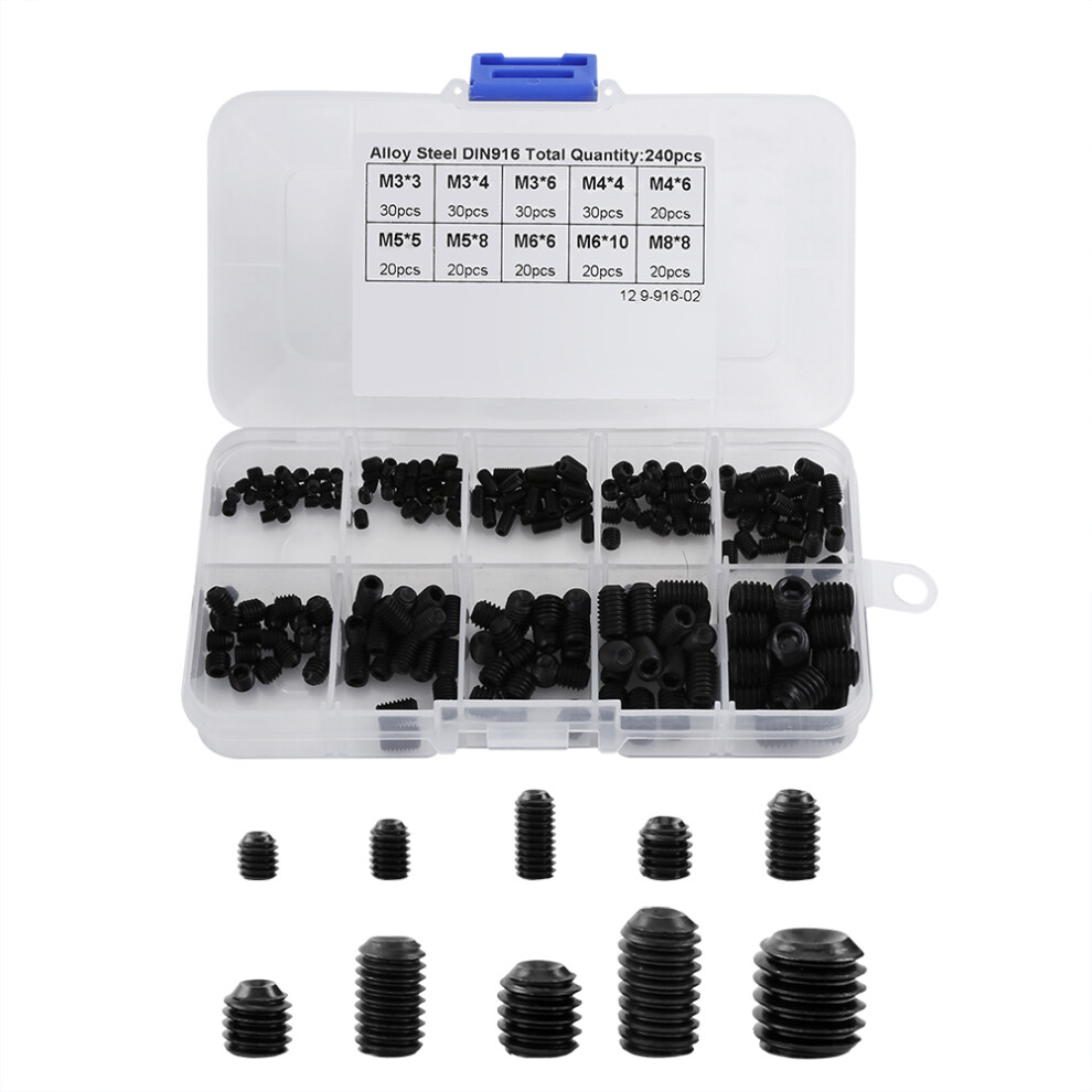 240 Socket Screw Assortment Allen Head Socket Hex Set Grub Screw Box Kit Din916 M3-M8 9421324461147