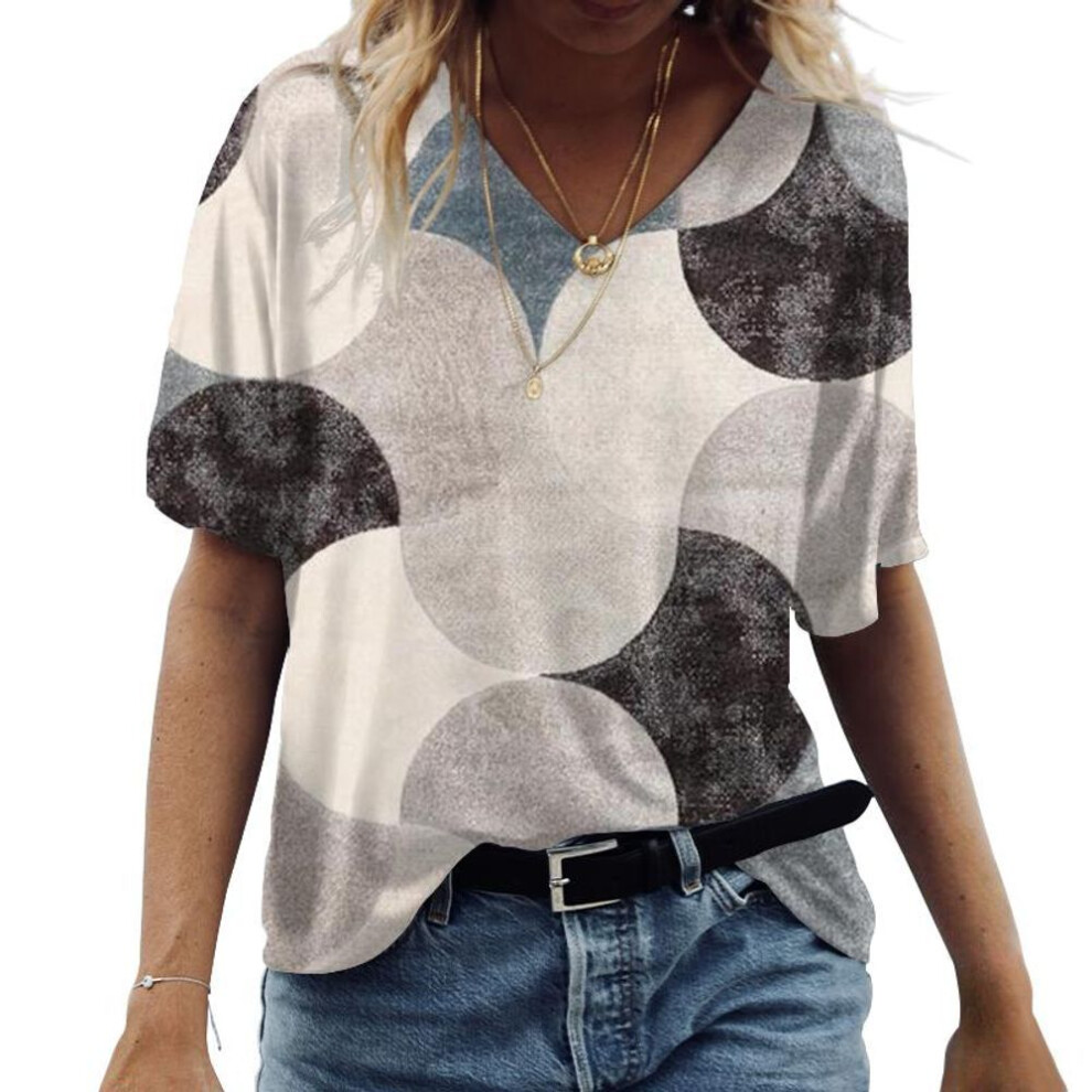 (M, white) Women's V-neck Short Sleeve Abstract Curve Printed Tops Loose T-shirt Casual Blouse