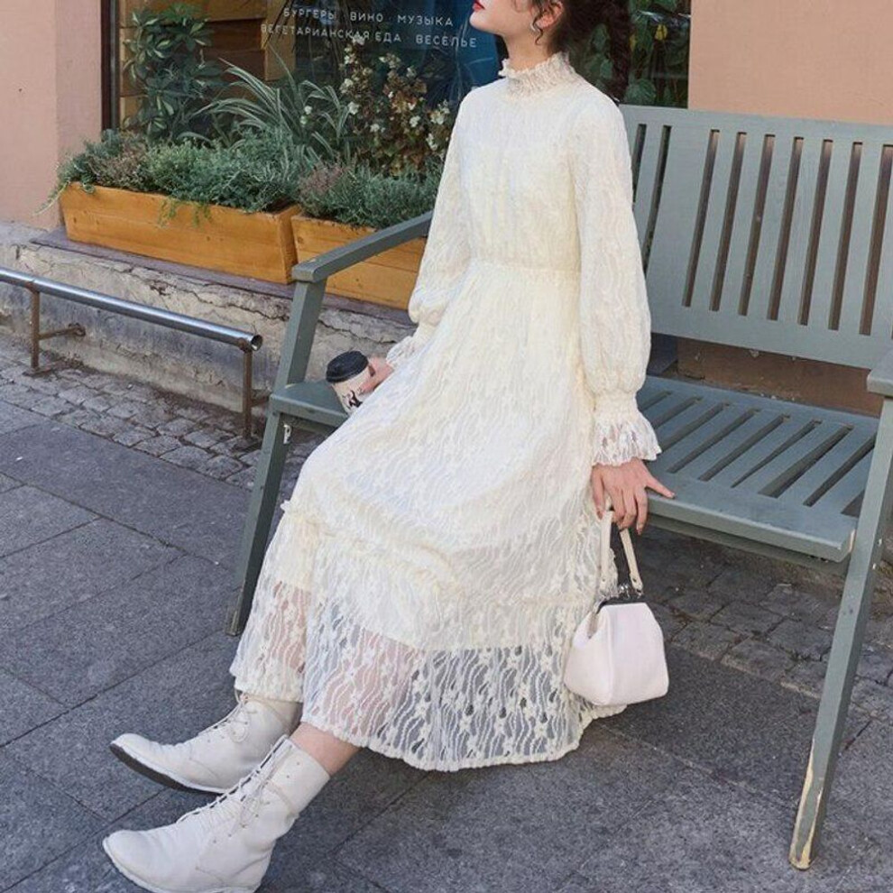 (as the picture, L) Autumn Winter Elegant Dress Vintage Lace Mesh Long Maxi Dress Casual Lady Party Dress Vestidos