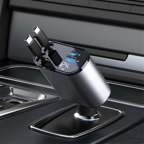 Retractable Car Charger 4-in-1 Fast Charger with Dual Type-C Cables 1