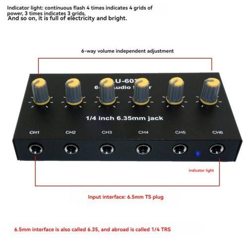 Hub de amplificadores de microfone e fone de ouvido com 6 canais e mixer de áudio. 1