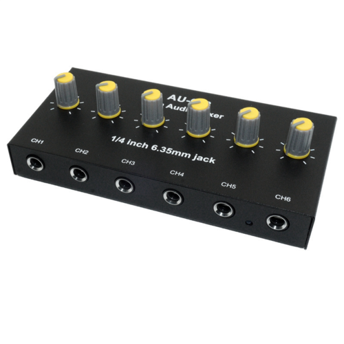 Hub de amplificadores de microfone e fone de ouvido com 6 canais e mixer de áudio.