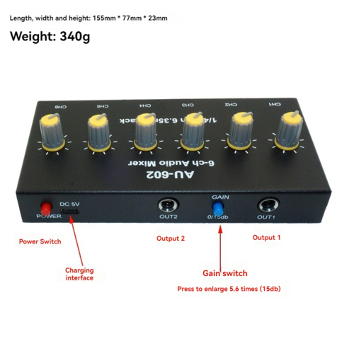Hub de amplificadores de microfone e fone de ouvido com 6 canais e mixer de áudio. 2