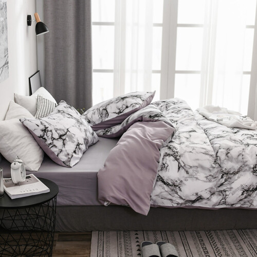 3Pcs Set Polyester Marbled Quilt Cover Pillowcase Bedding Set EU Double Size (White) 2