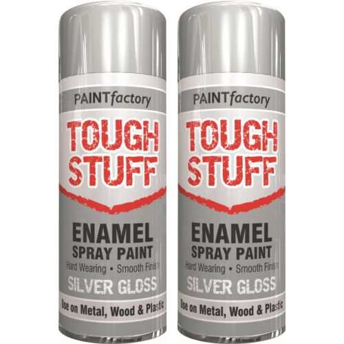 2x400ml Tough Stuff Enamel Silver Hard Wearing Gloss Spray Paint Metal