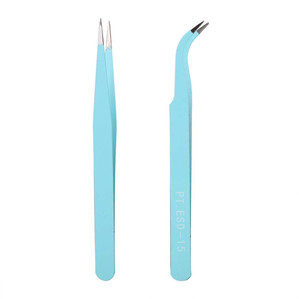 Blue 2Pcs Stainless Steel Nail Art Tweezers Anti Static Straight Curved Head Manicure Tweezers