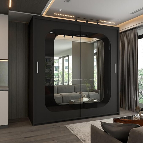 (Black, 203cm) Virginia Mirrored Sliding Wardrobe with LED Light 2
