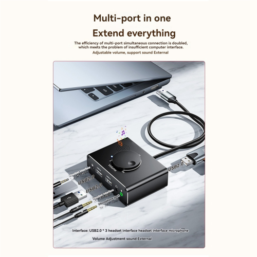 Placa de som externa USB com 3 portas USB 2.0 para placa de som de 3,5 mm