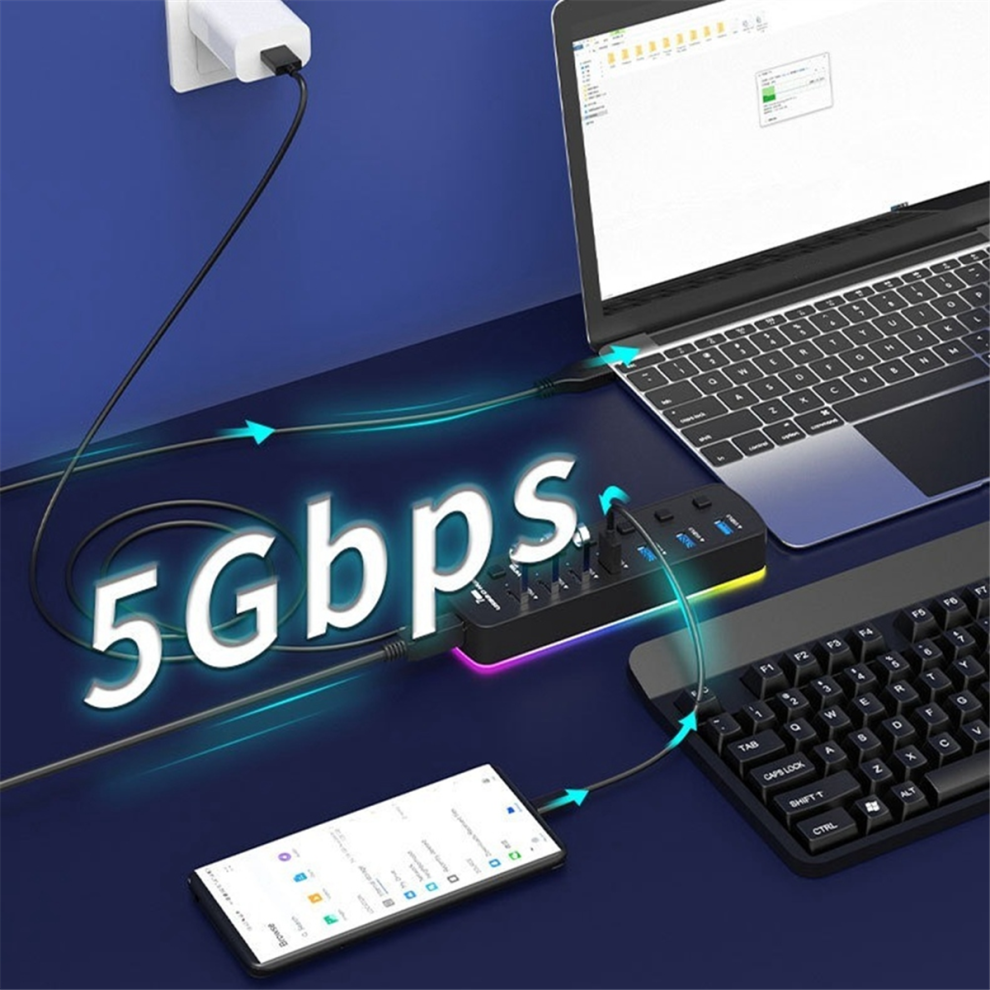 Rgb Usb 3.0 Hub 7 Ports Usb Port Adapter 5Gbps Individual On/Off Light 4853878262577