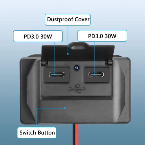 USB-uttag för husbil, väggmonterad, dubbel PD3.0 typ-C-port för bil 1