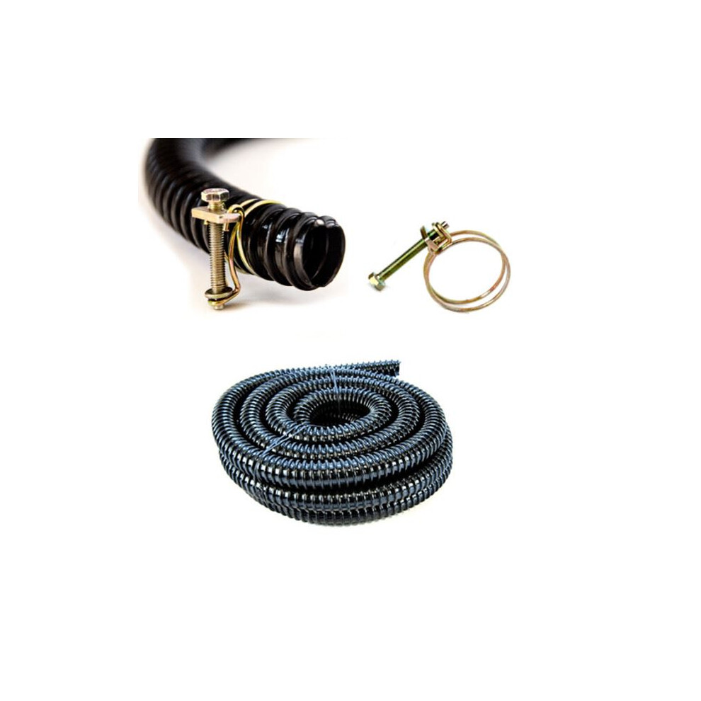 Pisces 5M Pond Hose With 2 Double Wire Clips (25Mm Dia) Flexible Corrugated Pvc Pipe Stainless Steel Ribbed Tubing Anti Kink For Water Butt Black