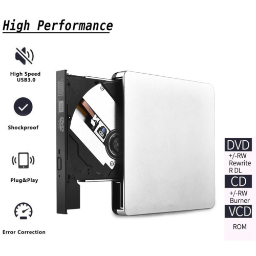 Leitor de CD externo USB 3.0 com bandeja de 12,7 mm e unidade de DVD-RW ultrafina (prateada) 1