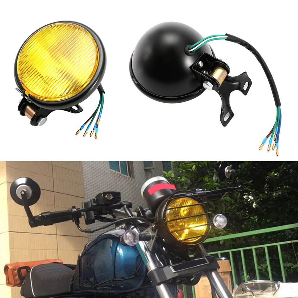 Universal Retro Shell Lens Headlamp Motorcycle Front Headlight Lamp Bulb Black/Yellow 8701324539468