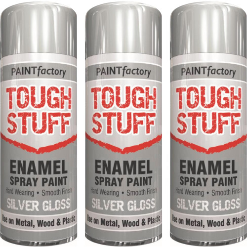 3x400ml Tough Stuff Enamel Silver Hard Wearing Gloss Spray Paint Metal