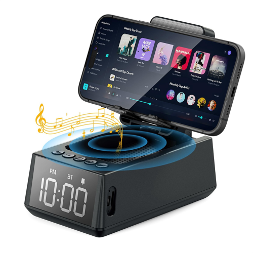 Caixa de som Bluetooth 3 em 1 com despertador potente e suporte para celular, preta. 2