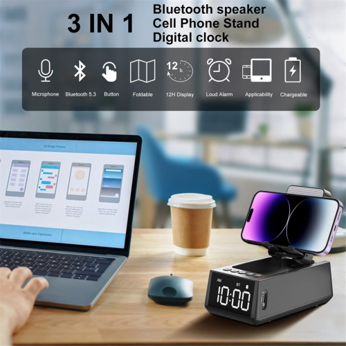 Caixa de som Bluetooth 3 em 1 com despertador potente e suporte para celular, preta. 1