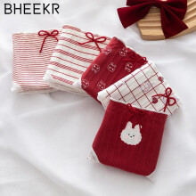 (as the picture, L) 5pcs/set Strawberry Cute Rabbit Lace Edge Red Threaded Girls Panties Cotton Crotch Mid Waist Student Panties Ladies Briefs