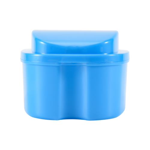 Estojo azul para dentaduras, copo com peneira, com suporte para recipiente com rede