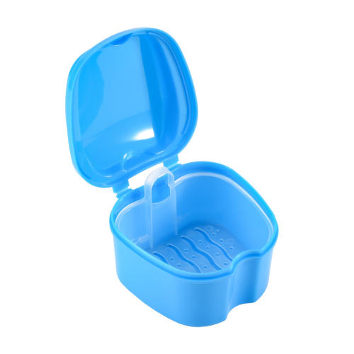 Estojo azul para dentaduras, copo com peneira, com suporte para recipiente com rede 1