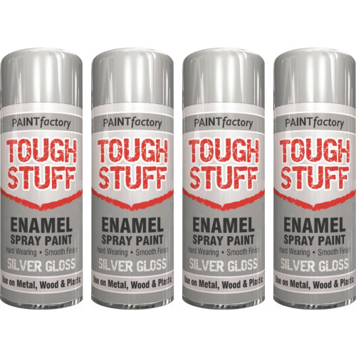 4 x 400ml Tough Stuff Enamel Silver Hard Wearing Gloss Spray Paint 1
