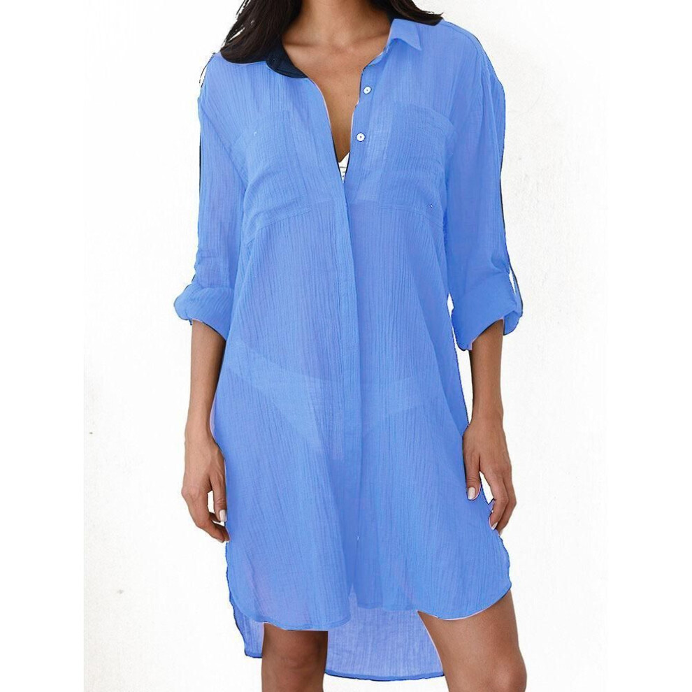 (One Size, light blue) Women's Solid Color Wrinkled Fabric Pocket Button Beach Cover Up Bikini Shirt