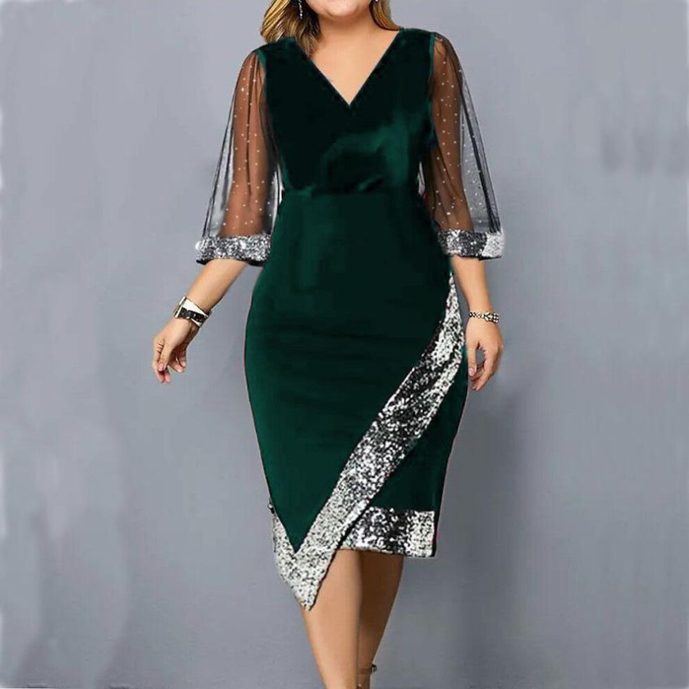 (green, XXXL) Women's Sheer Mesh Sleeve V-neck Gold Velvet Sequin Midi-length Plus Size Cocktail Dress