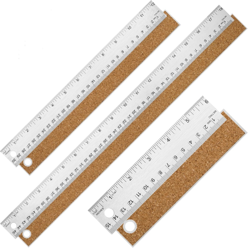 Régua de metal com base de cortiça, réguas de aço inoxidável de 6, 12 e 18 polegadas.