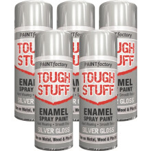 5 x 400ml Tough Stuff Enamel Silver Hard Wearing Gloss Spray Paint